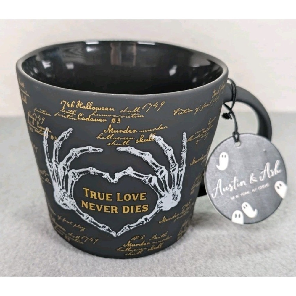 Austin & Ash 16 oz Mug Skeletons Love Goth Halloween Ceramic Black White Gold